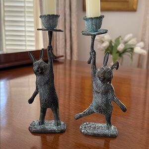 Verdigris Rabbit Candle Holders - Pair
